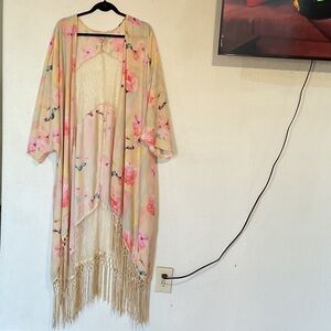 Melissa McCarthy Floral Fringe Kimono - Pink and Cream